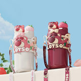 Aikos Strawberry Bear Double Drinking Mouth Children's Plastic Travel Cup Water Bottle Furper.com 
