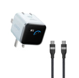 Anker Nano Charger (45W, Smart Display, 180° Foldable) With Data Cable Charger and Data Cable Anker Blue + 3 ft Cable 