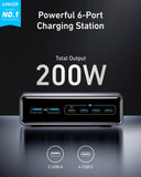 Anker Prime GaN 200W USB C Charger, 6 Port GaN 200W Charging Station, USB-C PD Fast Desktop Charger, for iPhone, Samsung, MacBook, Dell and More Charging Station Anker 
