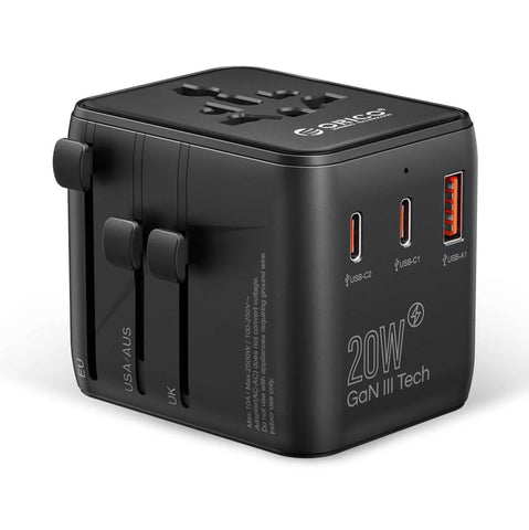 ORICO GaN 20W Universal Global Travel Adapter with 2 USB-C & 1 USB-A Ports Universal Travel Adapter ORICO Black 