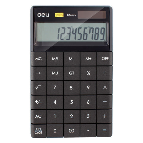 Deli 1589P Electronic Calculator 12 Digits Large Display with Back Button Dual Power Calculator Deli Black 