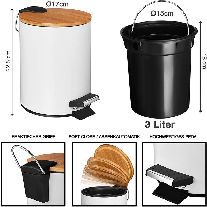 Furper Trash Bin With Inner Container & Bamboo Wooden lid Trash Bin Furper